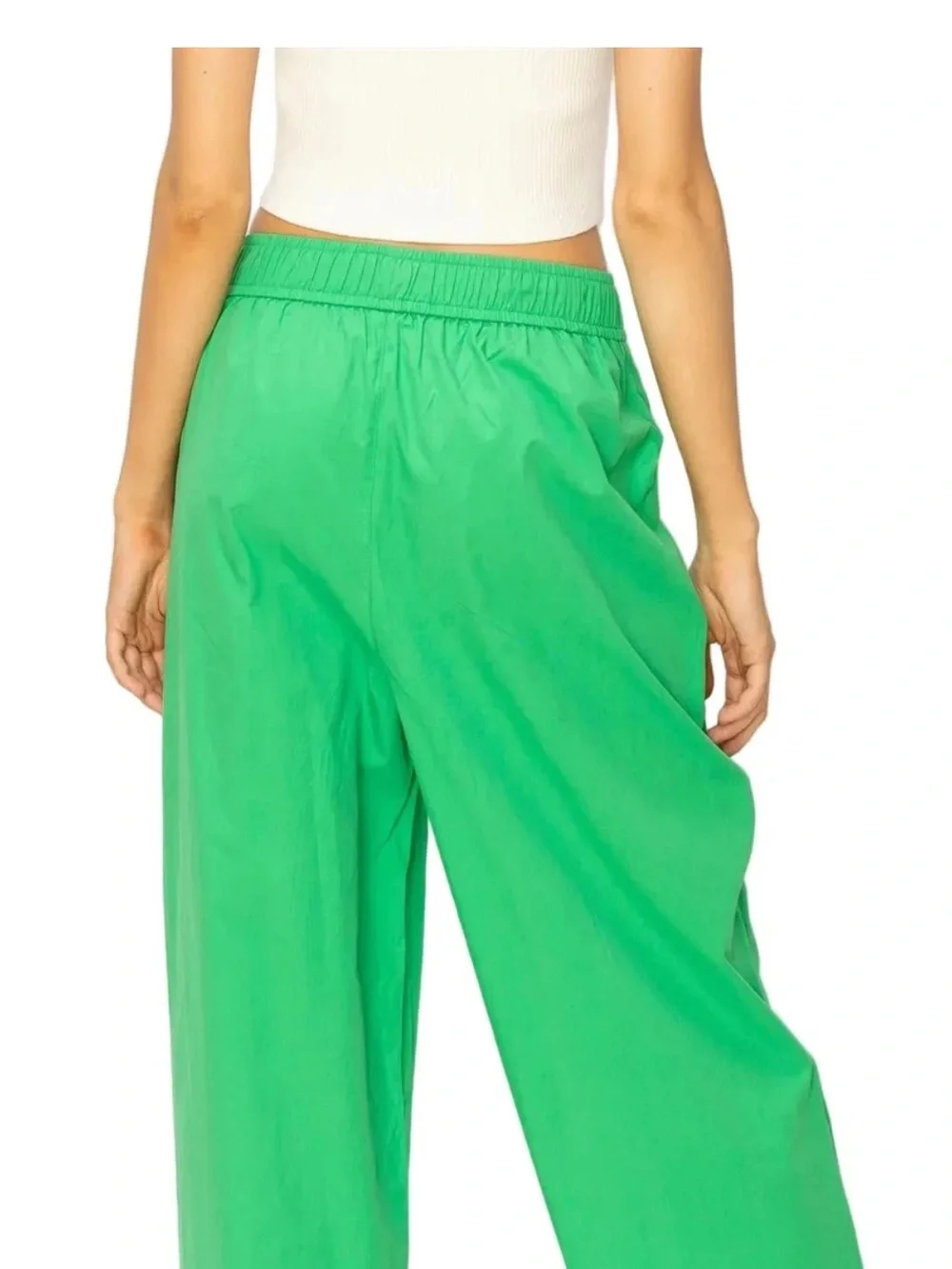 Green Wide-Leg Elastic-Waist Pants Cotton Pockets - Picture 3 of 4